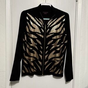 Fontana Womens XL Black Gold Sequin Tiger Stripe Zip Up‎ Cardigan Sweater